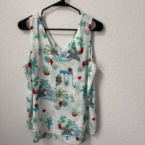 Ann Taylor Sleeveless White Tropical Print V-Neck Blouse, Size Medium